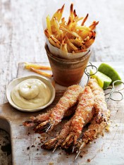 wasabi-crumbed prawn skewers with shoestring fries