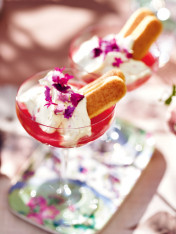 watermelon and lime jelly trifles with crushed raspberry cream