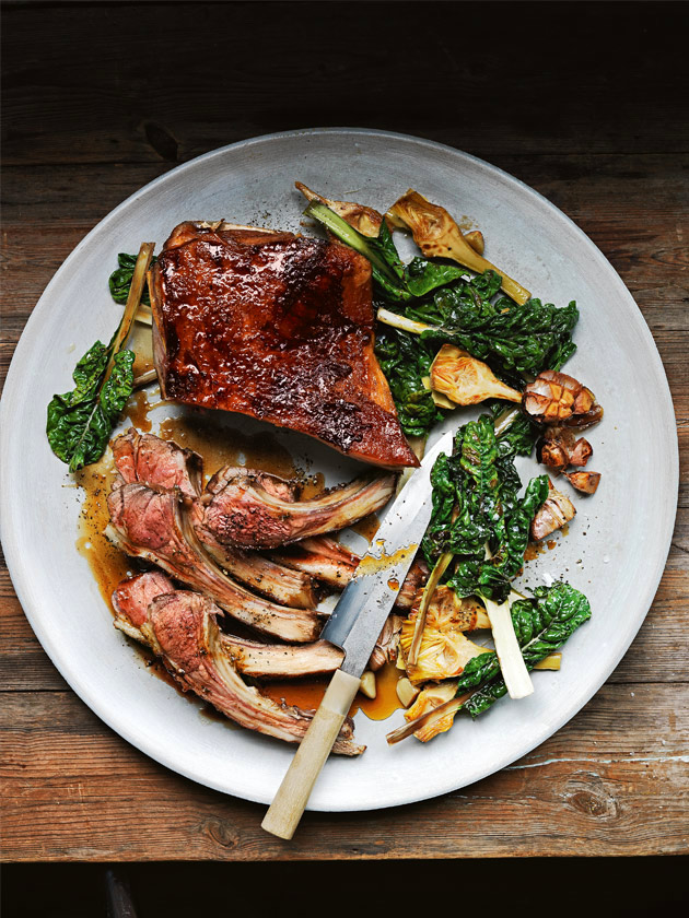 Caramelised Lamb Racks With Silverbeet And Artichokes | Donna Hay