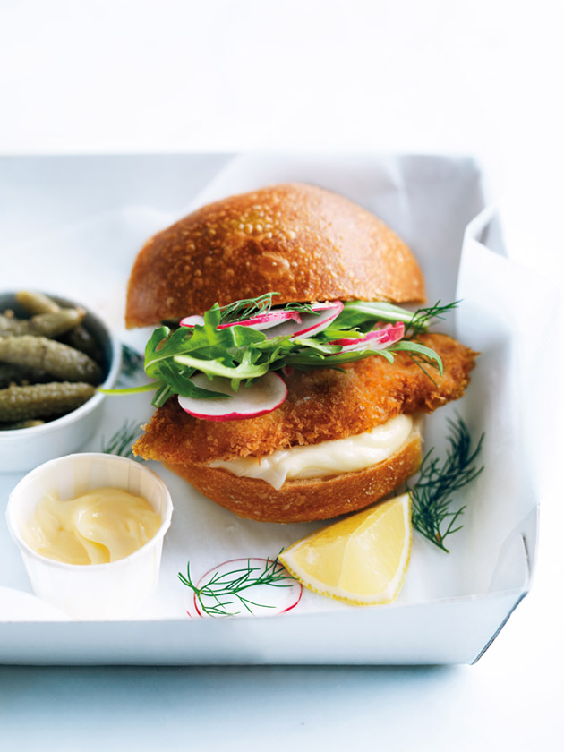 Crispy Fish Burgers With Radish And Cornichons | Donna Hay