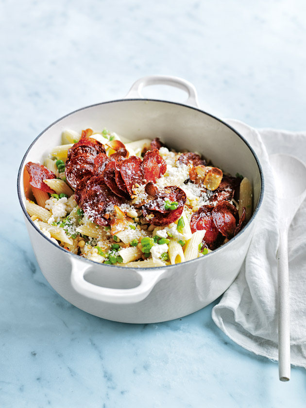 Crispy Salami Crushed Pea And Ricotta Pasta | Donna Hay