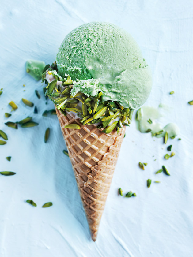 Matcha Green Tea Ice Cream In Pistachio And White Chocolate Cones