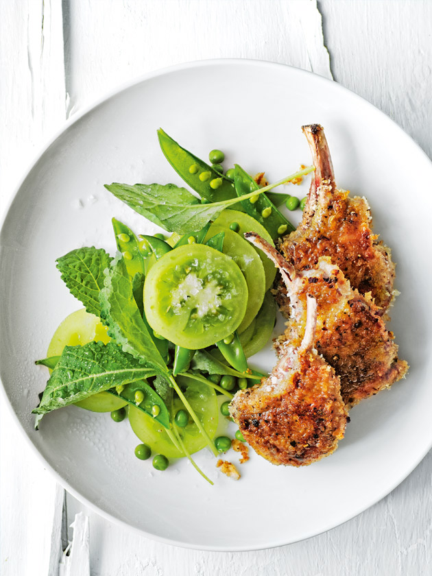 Pepper And Parmesan Crusted Lamb Cutlets With Green Tomato Salad Donna Hay