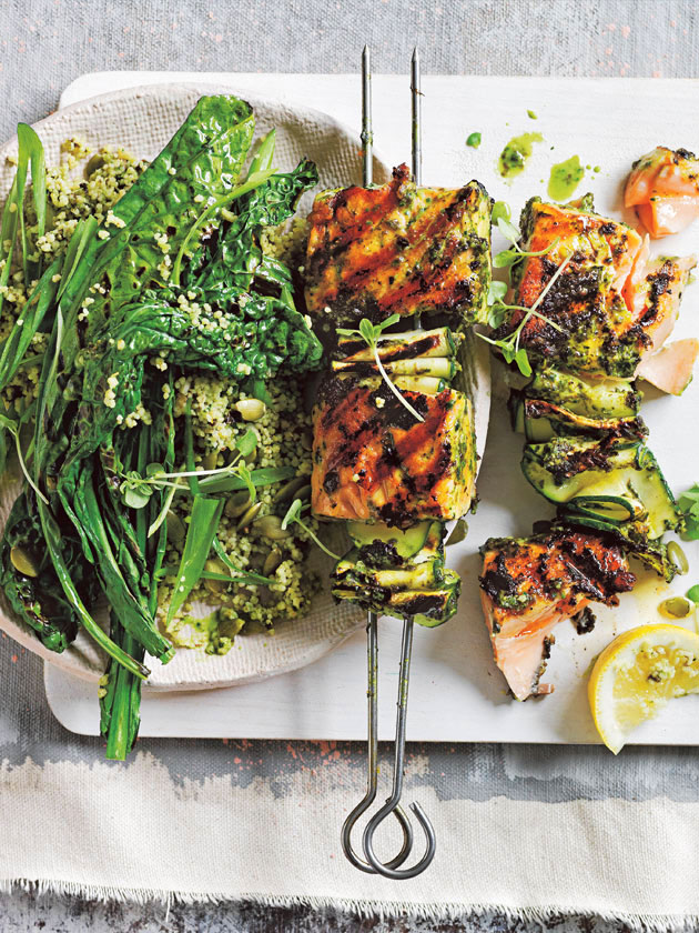 Pesto Salmon Skewers With Green Couscous Salad | Donna Hay