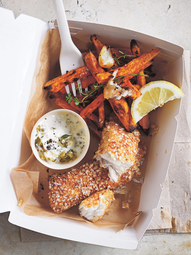 Quinoa Crusted Fish With Sweet Potato Chips And Yoghurt