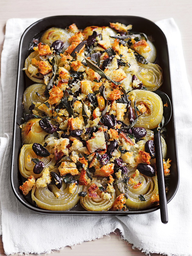 Slow Roasted Onion Tray Stuffing With Olives Sage And Oregano | Donna Hay