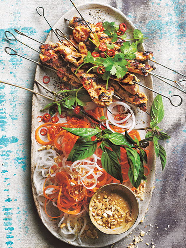 Spicy Satay Chicken Skewers With Carrot And Daikon Salad | Donna Hay