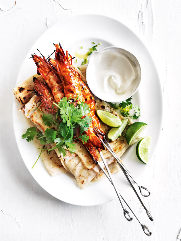 Tandoori Prawn Skewers With Roti And Lime Yoghurt Dressing | Donna Hay