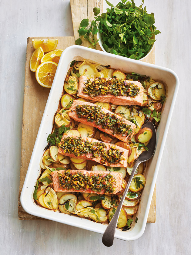 EASY WEEKNIGHTS PISTACHIO CRUSTED SALMON ON HERBED POTATOES