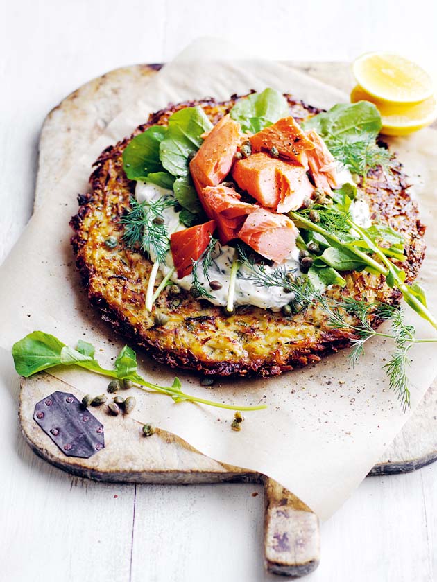 WEEKEND EDITION CRISPY POTATO CAKES WITH LEMON YOGHURT AND SMOKED TROUT
