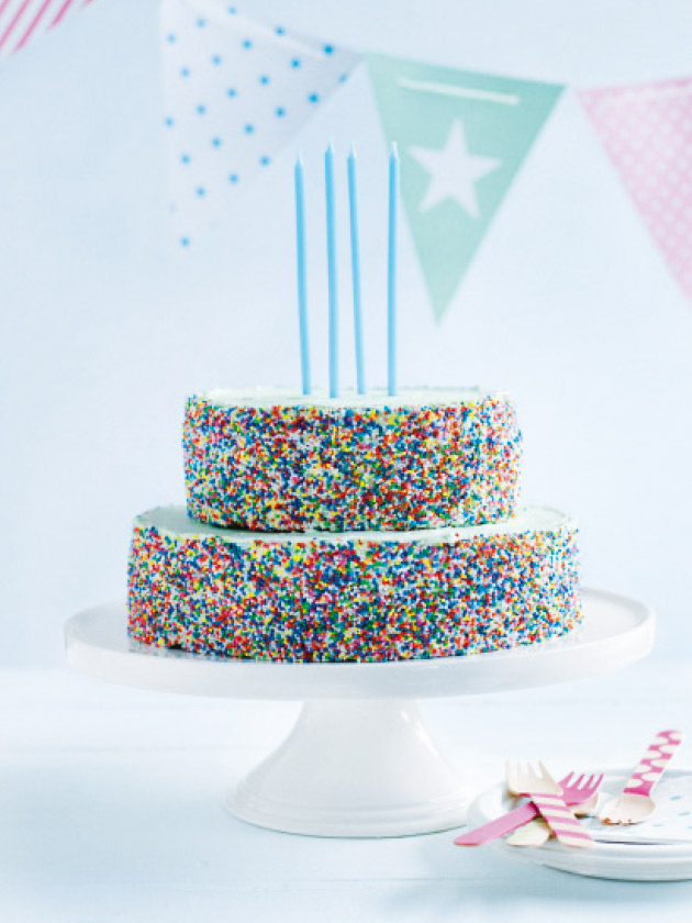 PARTY CAKE TWO-TIERED COCONUT AND SPRINKLE CAKE