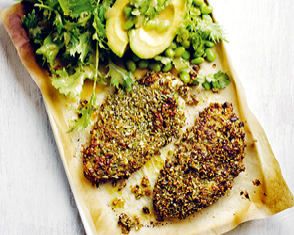 pepita-crusted chicken with avocado and edamame salad video